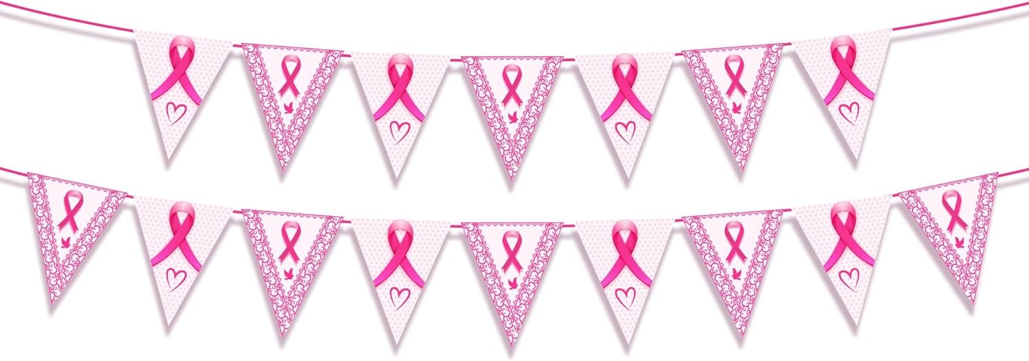 Pink & White Breast Cancer Awareness Ribbon Pennant Banner Kit – 21 Reusable Cardstock Banners with Ribbons for Charity Events, Parties & Decor