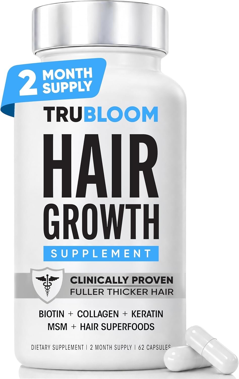 TRU BLOOM Hair Growth Vitamins – Clinically Proven & Dermatologist-Tested to Grow Fuller & Thicker Hair | Drug-Free Hair Growth Products with Biotin, Collagen, Keratin, MSM, Zinc & D3-2 Month Supply
