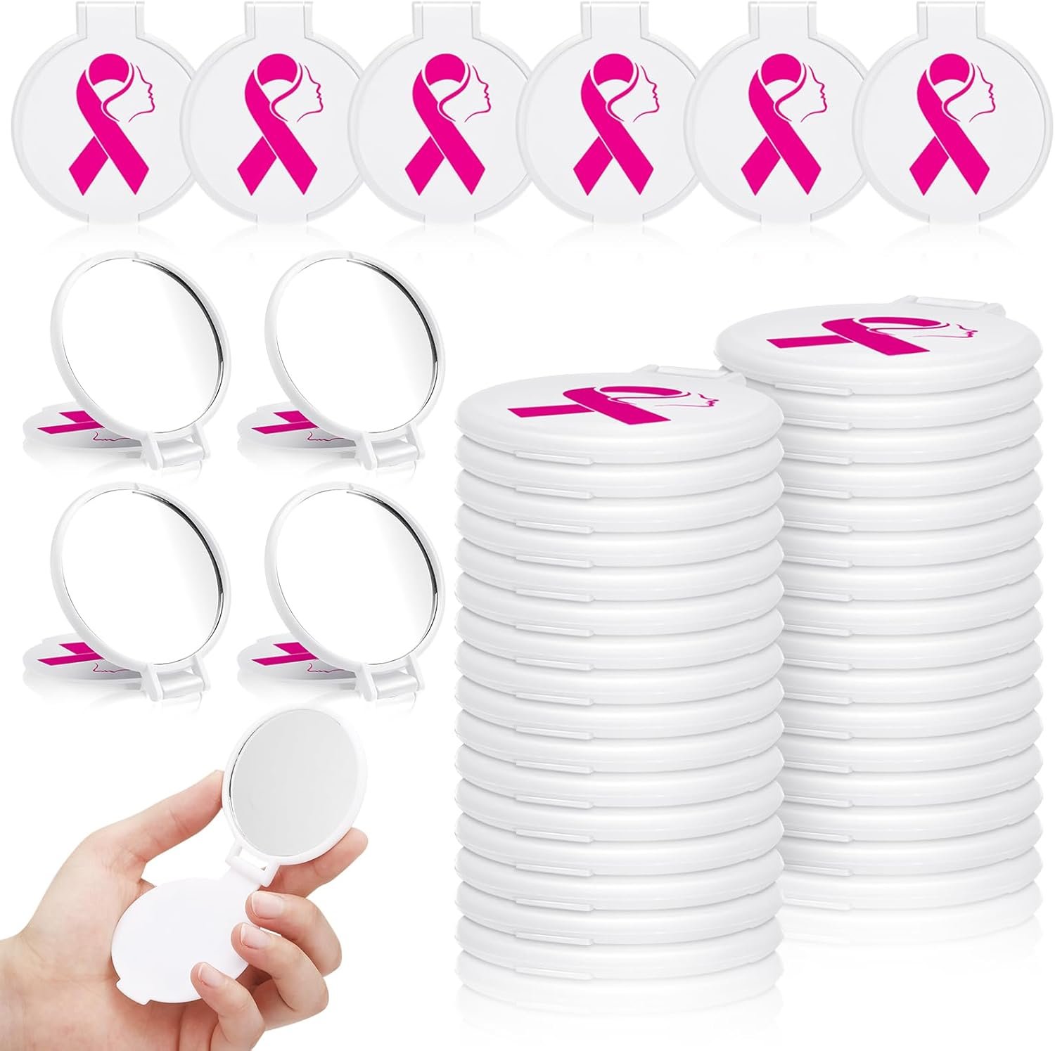 Huwena 100 Pcs Breast Cancer Awareness Accessories Gift Bulk White Pink Ribbon Breast Cancer Compact Mirror for Women Small Pocket Purse Round Portable Folding Makeup Mirror