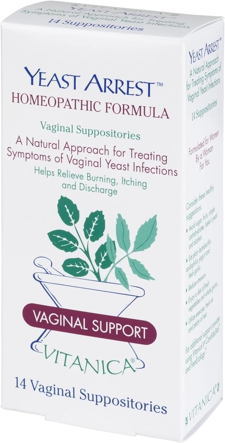 Vitanica Yeast Arrest, Homeopathic Vaginal Suppositories,Yeast Infection Symptoms, Relieves Burning, Itching & Discharge, with Boric Acid, Tea Tree Oil & Probiotics, Vegan (Yeast Arrest Pro Logo, 14)