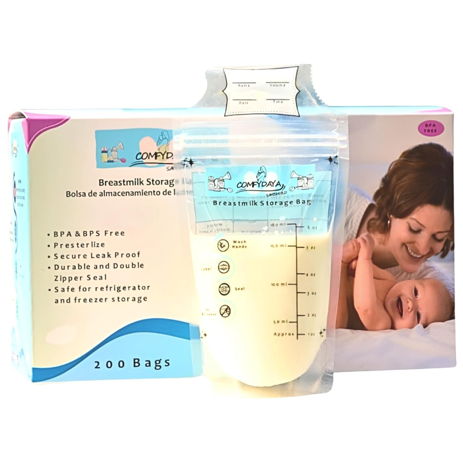 Breastmilk Storage Bags (50 Count). Ready to Use. Pre-sterilize, BPA & BPS-Free, Leak-Proof, Double-Zipper, Self-Standing, Super-Strong and Food Grade-Breast Milk Bag