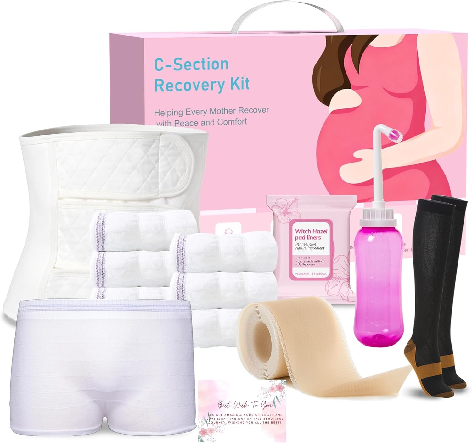 C Section Recovery Kit – Csection Postpartum Essentials All-in-One – Peri Bottle,Disposable Mesh Underwears,Witch Hazel Pad Liners,Silicone Scar Patches, Abdominal Belly Binder,Socks