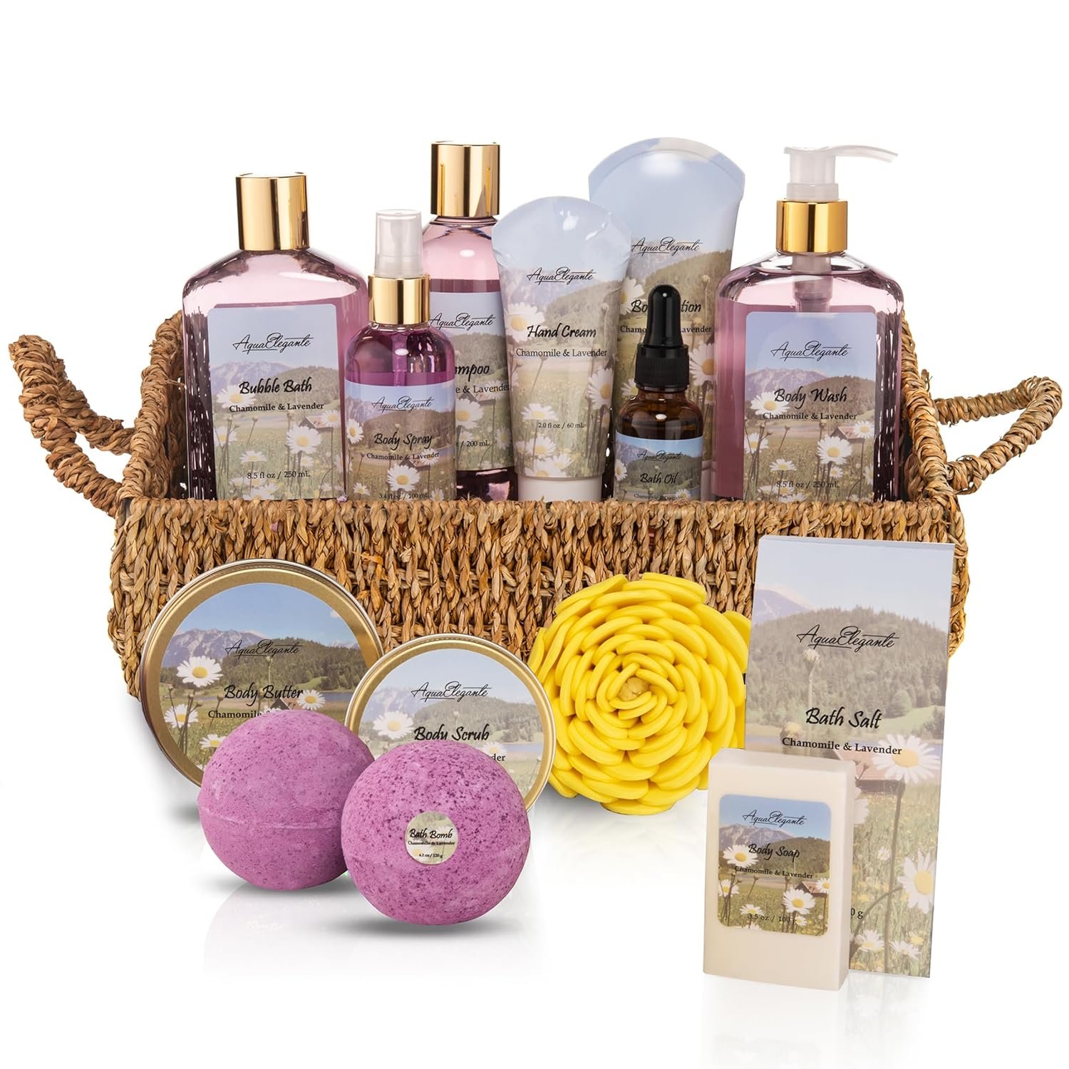 Aqua Elegante Bath Spa Gift Set – 15 Piece Premium Basket with Wash, Bubble Bath, Lotion, Salts, Body Scrub, Towel, Shower Puff, Bathbombs, Reusable Basket, Gifts for Women – Lavender & Chamomile