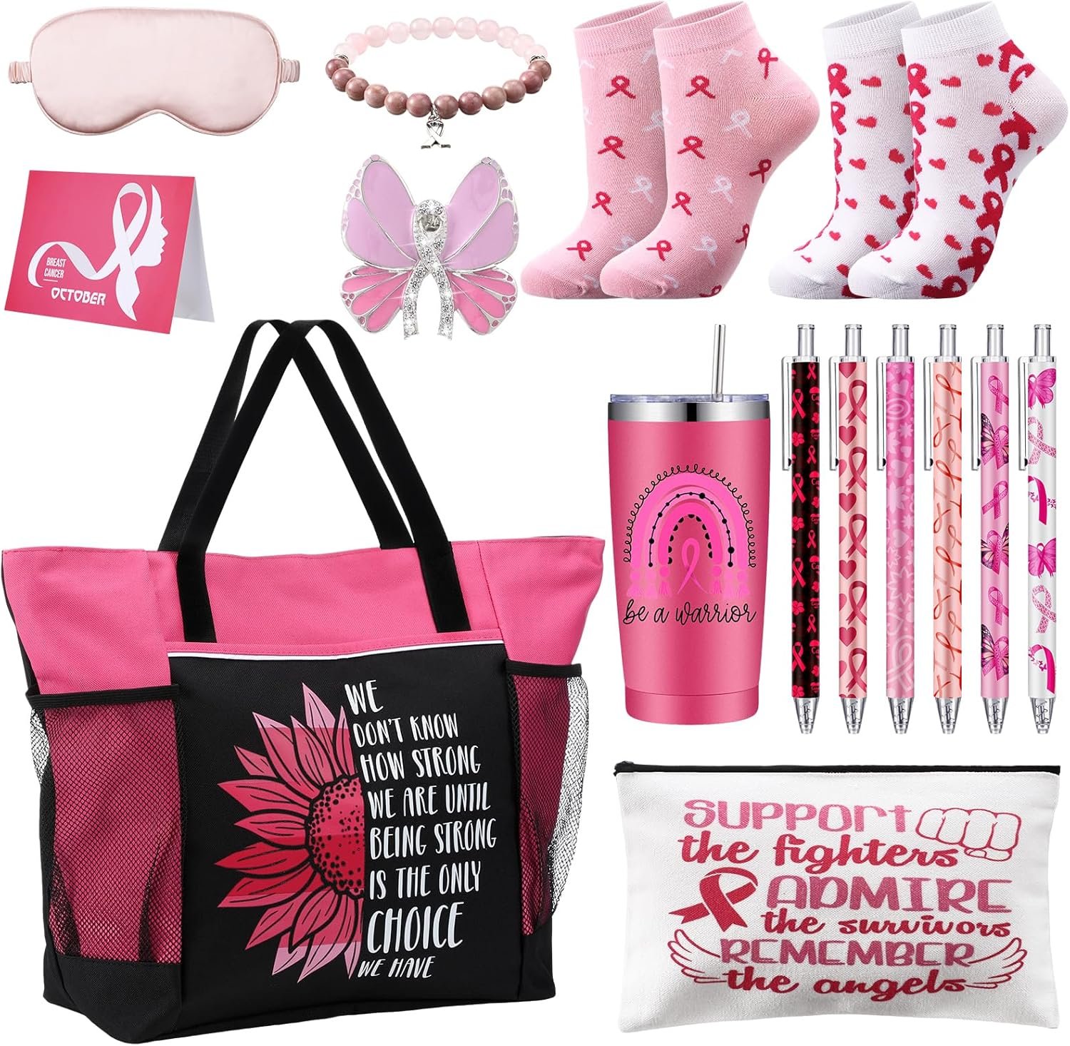 Shinylin 15 Pcs Breast Cancer Awareness Gifts Set Cancer Awareness Tote Bag Tumbler Pen Mask Socks Gift Get Well Soon Gift Package for Women
