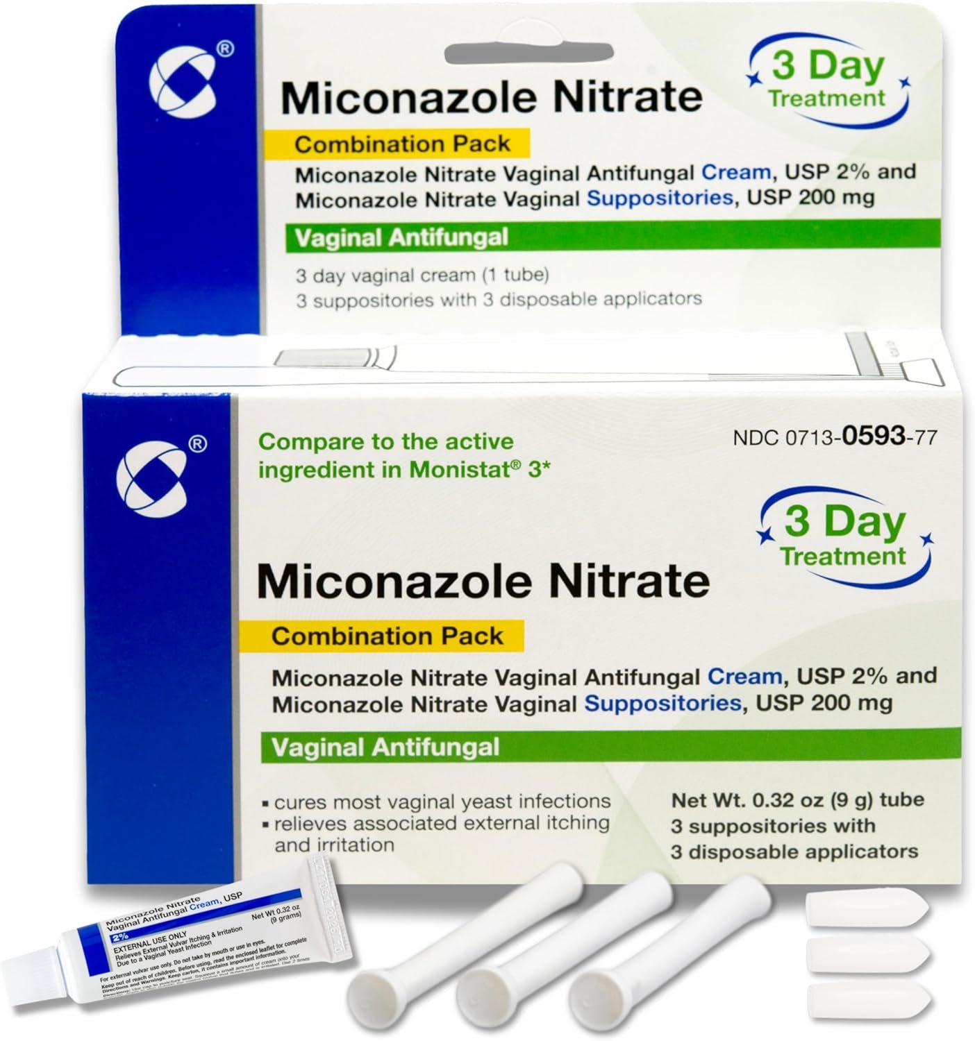 Miconazole Nitrate 3-Day Yeast Infection Treatment – Antifungal Cream & Suppository Bundle – Relieves Itching & Irritation, (1) Combination Pack