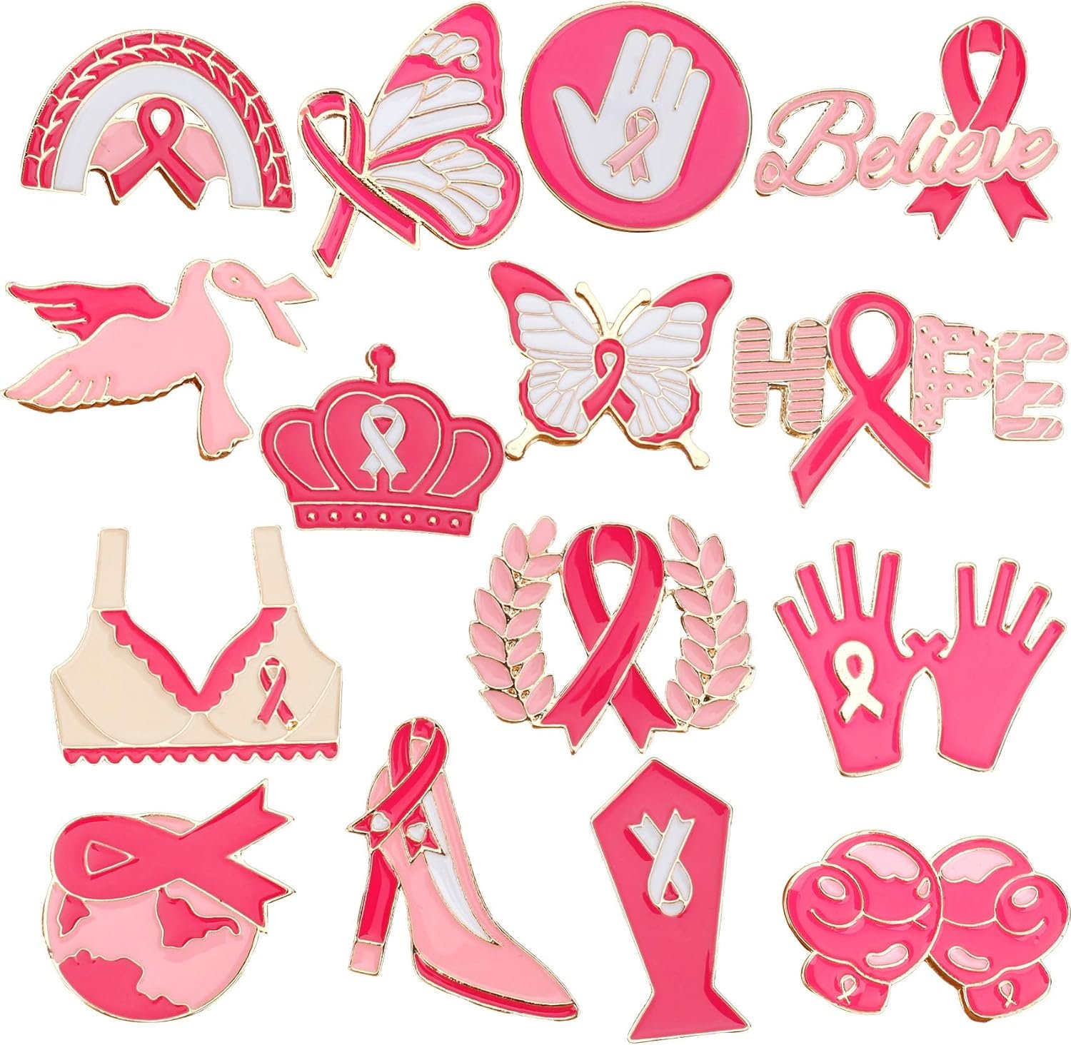 15-Piece Pink Breast Awareness Lapel Brooch Set,Breast Ribbon Cancer Pins,for Charity Event Public Social Event Charity Cancer Survivor Support Statement Jewelry for Women Men
