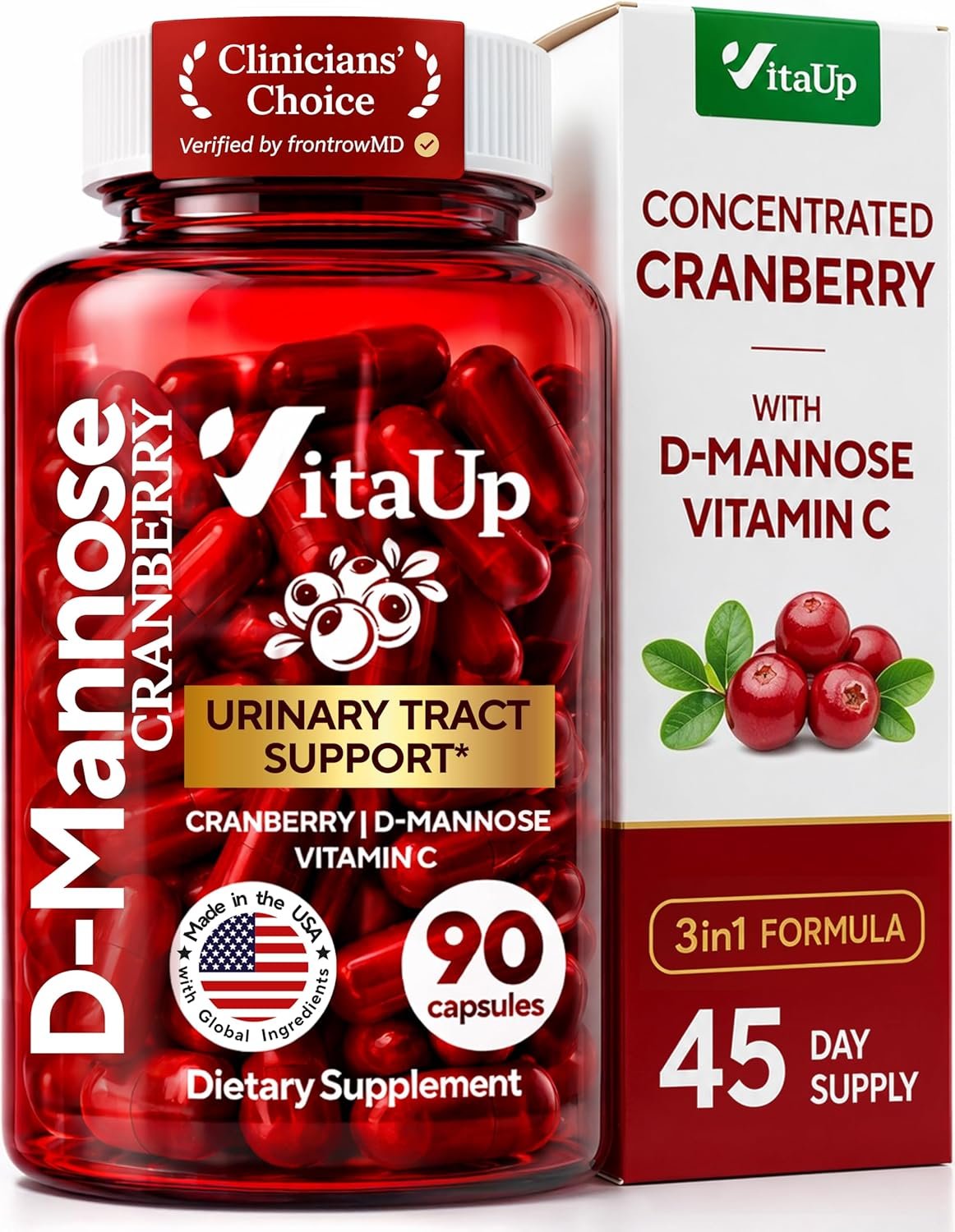 VitaUp D-Mannose & Cranberry Supplement for Women – USA Made Cranberry, Vitamin C & D-Mannose Supplement – Cranberry Capsules for Women for Urinary Tract & Bladder Support – 90 Vegan Capsules