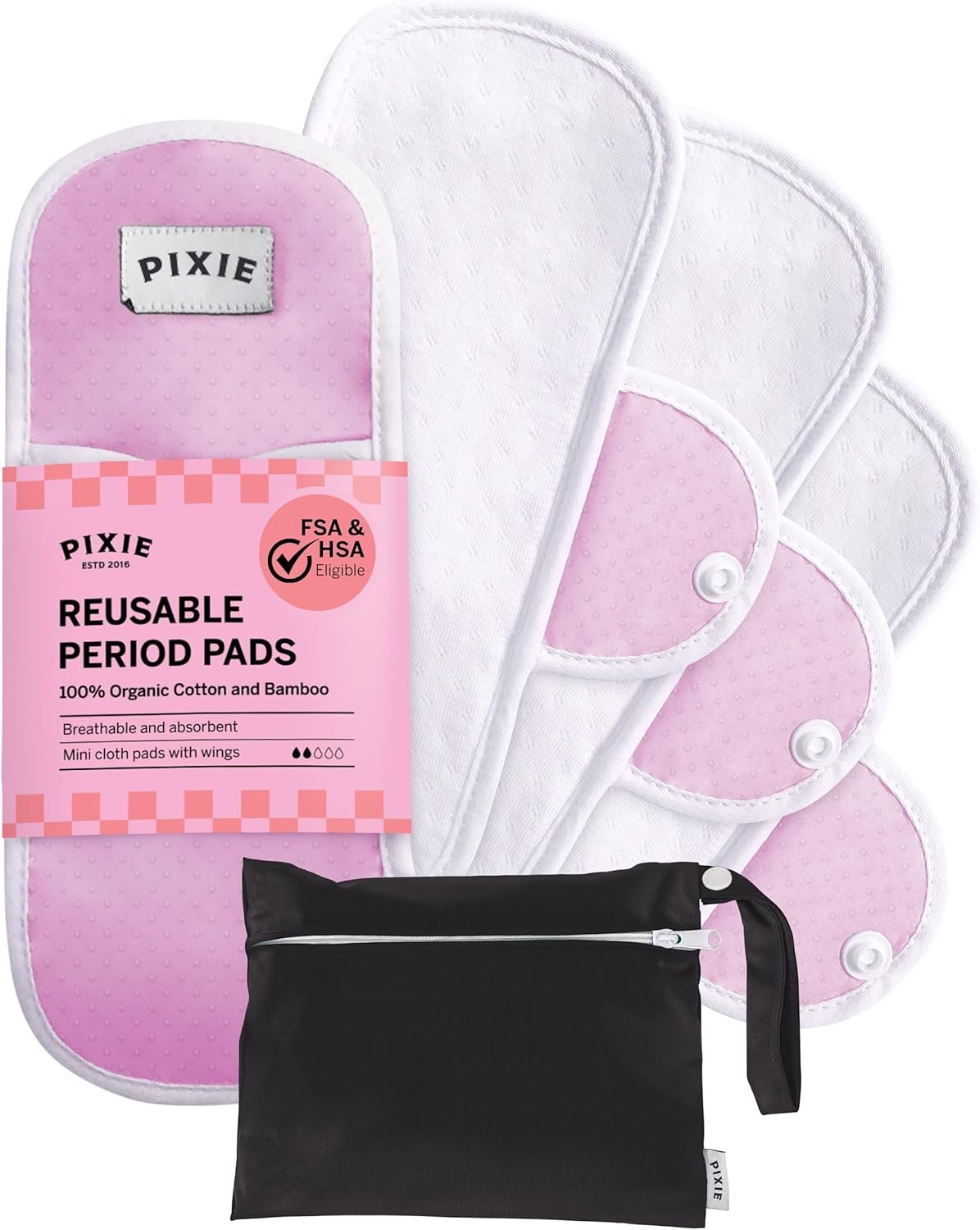 Pixie Cotton Cloth Pads for Feminine Care – 100% Organic Reusable Pads – Ranked 1 for Softest Menstrual Sanitary Napkins – Machine Washable & Includes Free Wet Bag – Menstrual Liner (Mini)