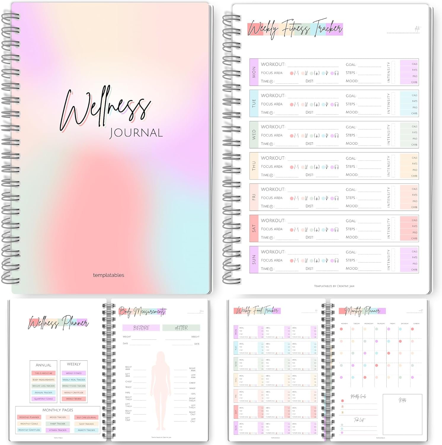 Wellness Journal – 90 Day Health, Fitness, Gratitude, Mindfullness, Wellbeing, Habit, Goals, Diet & Food Tracker – A5 (Pastel Rainbow)