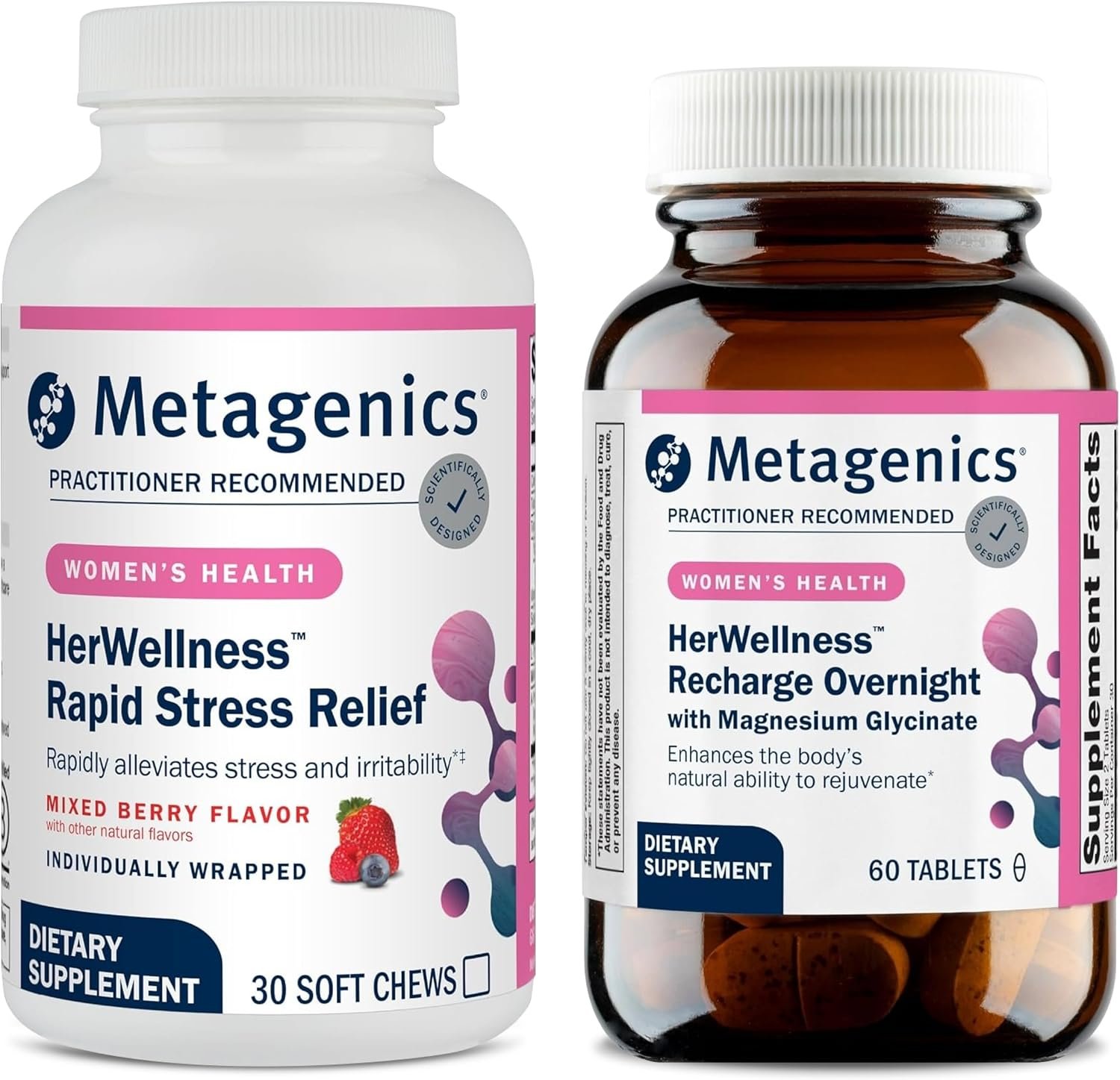 Metagenics HerWellness Rapid Stress Relief + HerWellness Recharge Overnight – Women’s Stress Support Supplement with Saffron, L-Theanine & Vitamin B6 – Mixed Berry Flavor, 30 Soft Chews + Women’s Slee