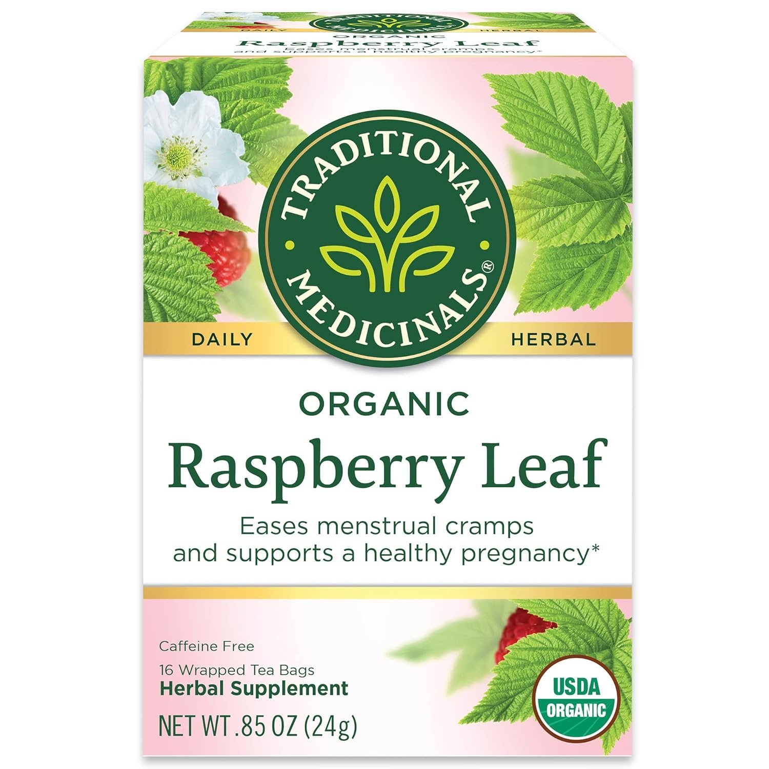 Traditional Medicinals Organic Raspberry Leaf Herbal Tea, Eases Menstrual Cramps & Supports Healthy Pregnancy, (Pack of 1) – 16 Tea Bags