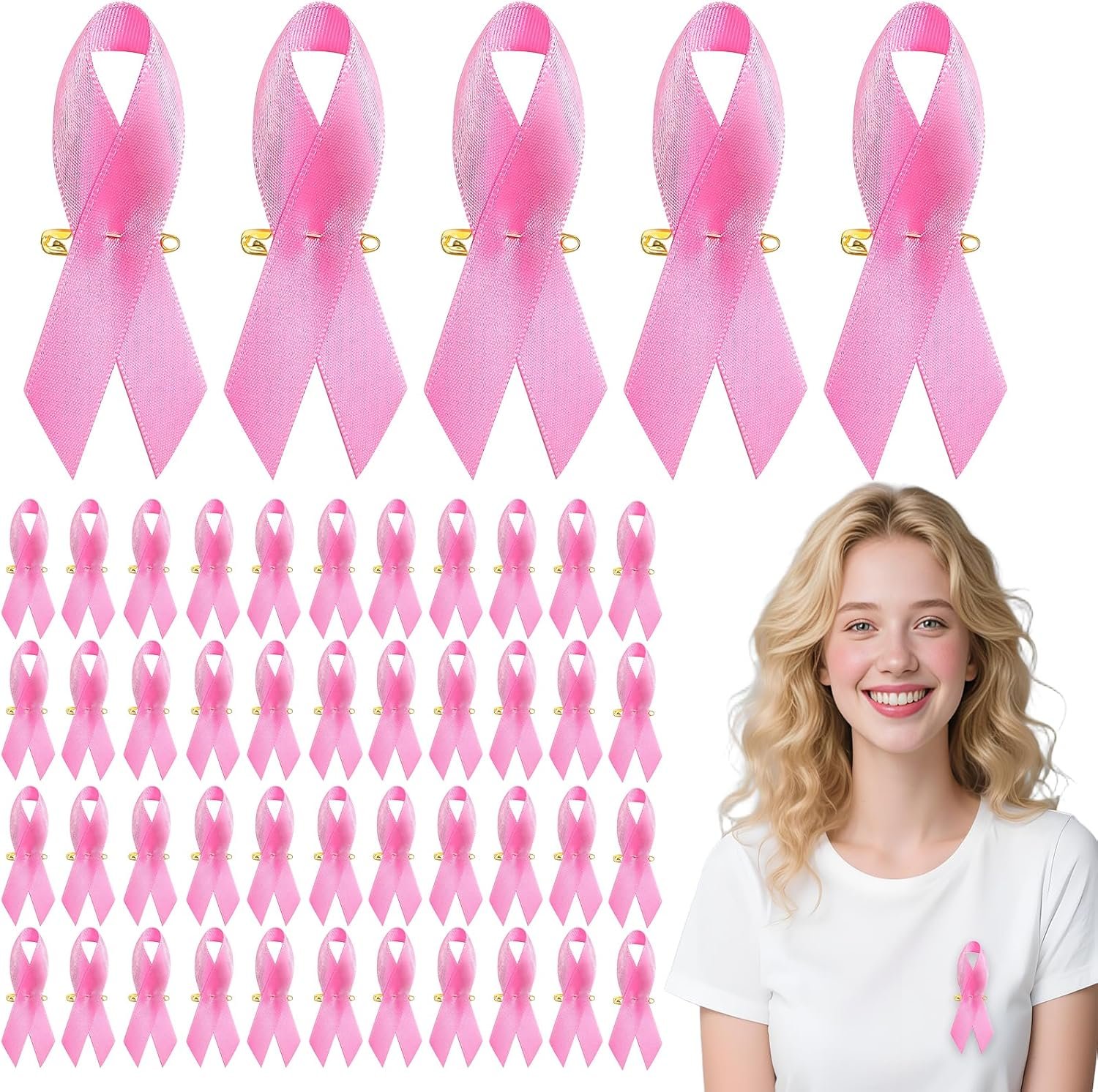 160 Pieces Pink Awareness Ribbon Pins, Breast Cancer Satin Badges with Safety Pins for Charity Events, 1.4 x 3 inch