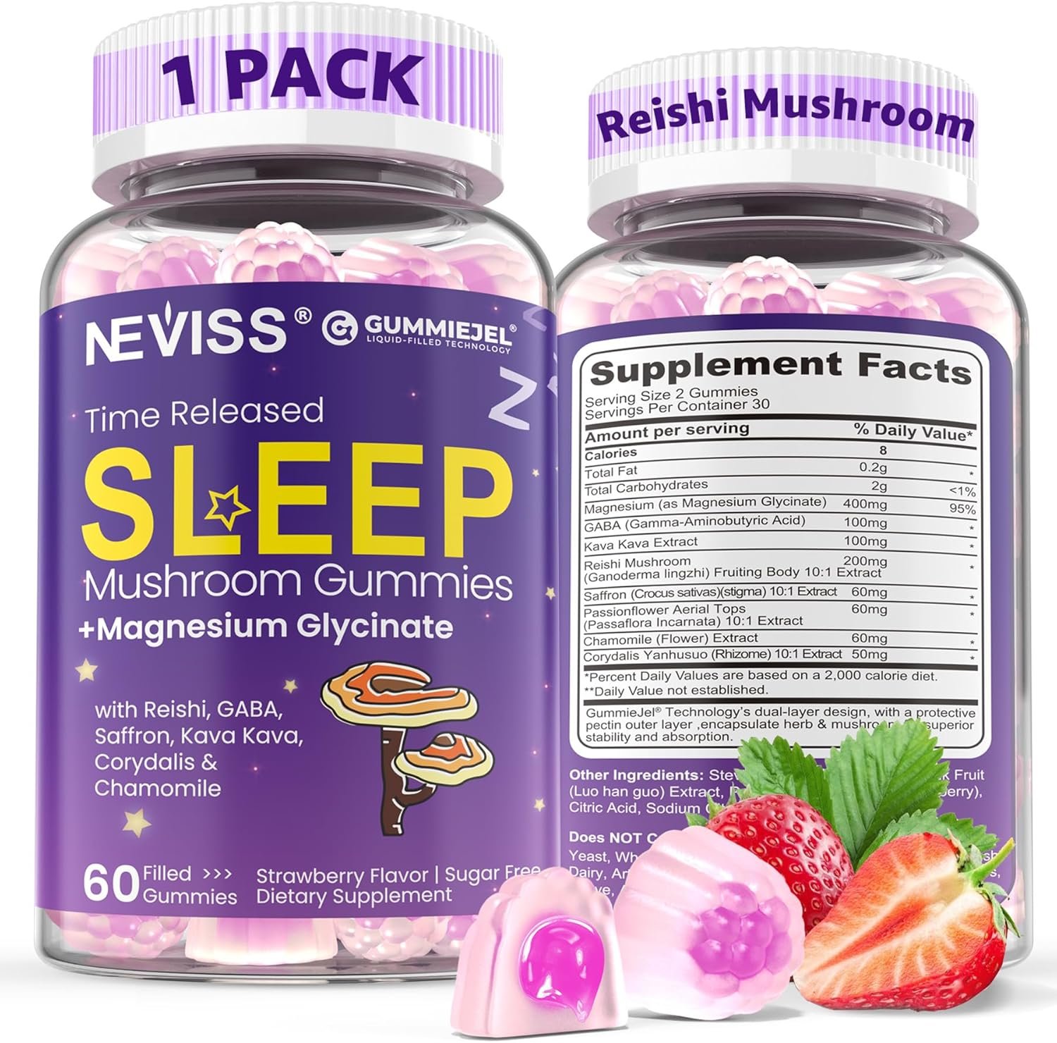 NEVISS Reishi Mushroom Sleep Gummies – Melatonin Free Sleep Gummies for Adult | Reishi, Saffron, Magnesium, GABA & Chamomile – Non-Habit Forming, Help for Deep Relaxation – Vegan, Berry Flavor, 1Pack