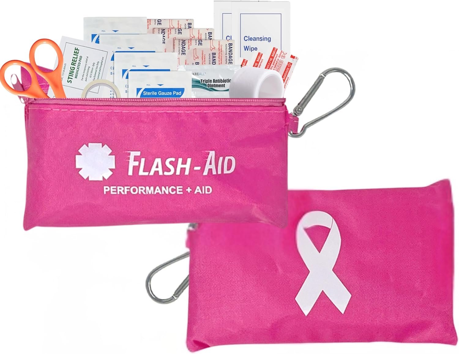 Mini First Aid Kit for Breast Cancer Awareness, Compact Travel Pouch for Charity Walks, 30+ Essentials with Carabiner Clip, Nylon, 2-Pack, Pink
