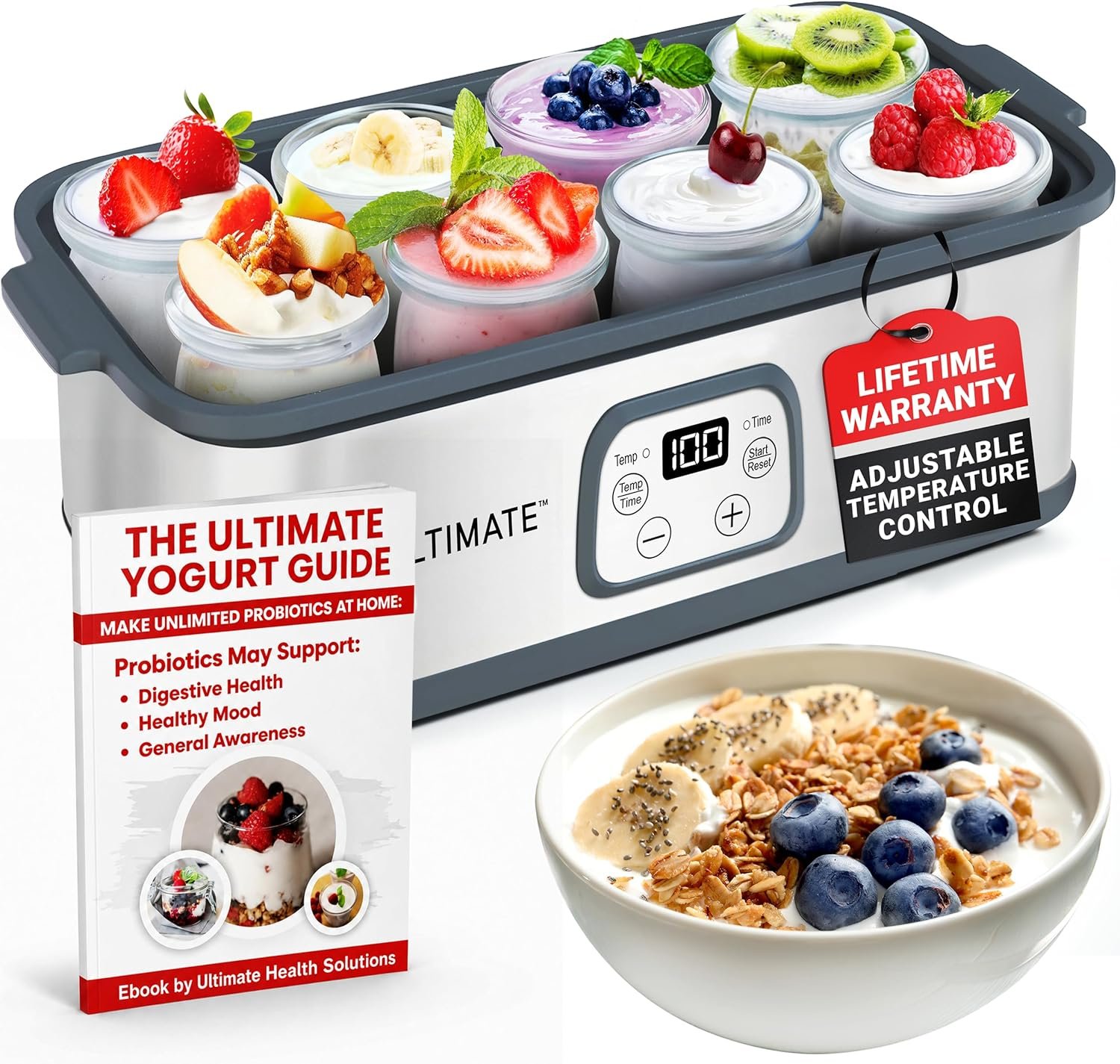 Ultimate Probiotic Yogurt Maker with Adjustable Temperature & Time Control – Make Unlimited Probiotics at Home for Super Gut Health – FREE LIFETIME WARRANTY – Perfect Gifts for Men & Women (w/ 8 Jars)