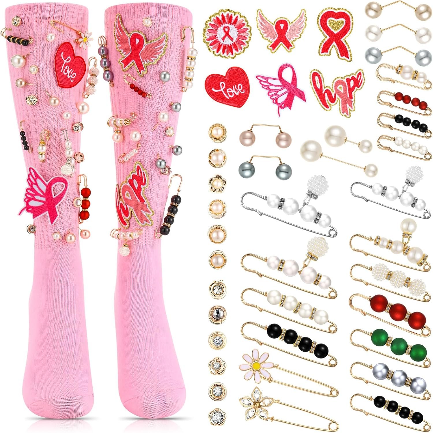 43 Pcs DIY Breast Cancer Socks Charms 2026 Pink Out Day Safety Pin Brooch DIY Kit Pink Ribbon Sock Charms for Women Breast Cancer Awareness Accessories Shoes Pin Brooch for Fundraising Charity Event
