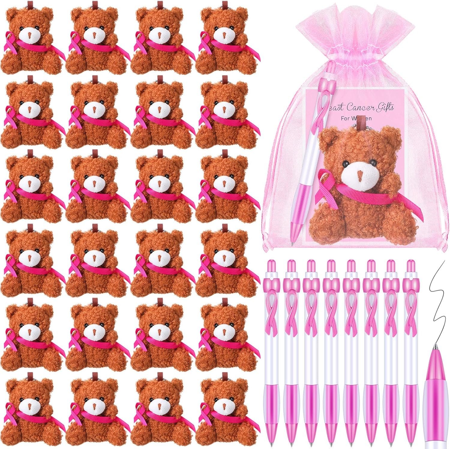 Landical 96 Pcs Breast Cancer Awareness Accessories Set Breast Cancer Stuffed Bears Pens Cards Pink Ribbon Organza Bags Survivor Campaign Supplies for Theme Charity Event