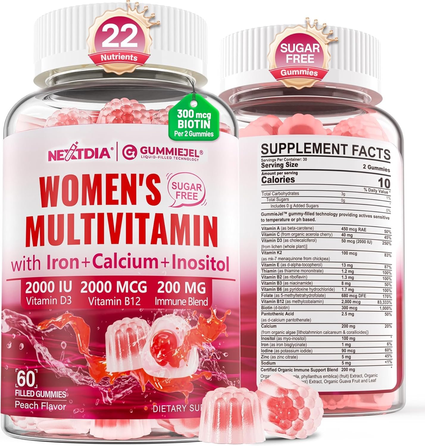 Methylated Multivitamin for Women Gummies, Calcium, D3 K2, Methylfolate & B12, Inositol, Daily Vitamin A C E, B Complex, Biotin, Zinc, Iron -Energy, Immune, Bone, Skin, Hair, Sugar Free, 60Cts