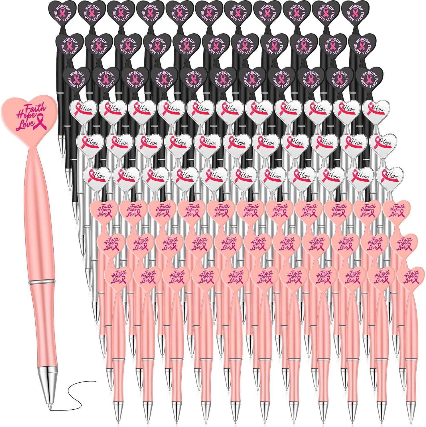Yeaqee 100 Pcs Breast Awareness Pink Ribbon Pens Breast Cancer Message Pens Ribbon Notes for Breast Health Lecture Awareness Event Gift Bag Refill Positivity Gift Notes(Classic Color, Assorted Style)