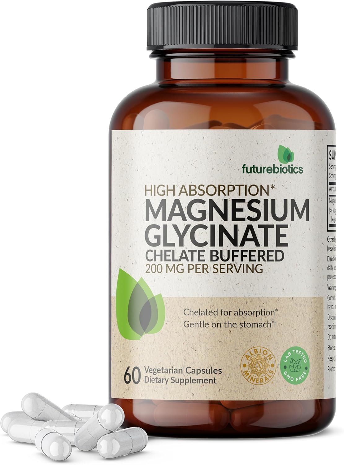 Futurebiotics Magnesium Glycinate 200 MG per Serving Chelated for High Absorption, Gentle On Stomach, Non-GMO, 60 Vegetarian Capsules