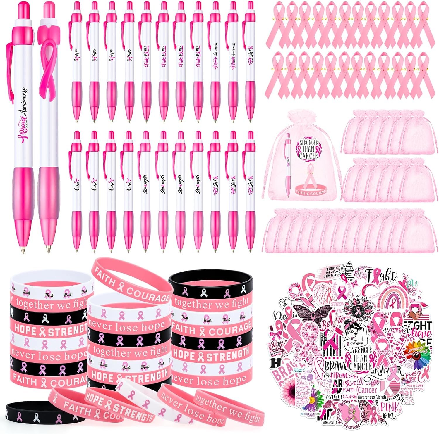 151 Pcs Breast Cancer Awareness Gifts Set, 24 Ribbon Pens 24 Pink Ribbon Pins 24 Bracelets 24 Organza Bags and 55 Stickers for Women Breast Cancer Accessories Survivor Charity Event Campaign Supplies