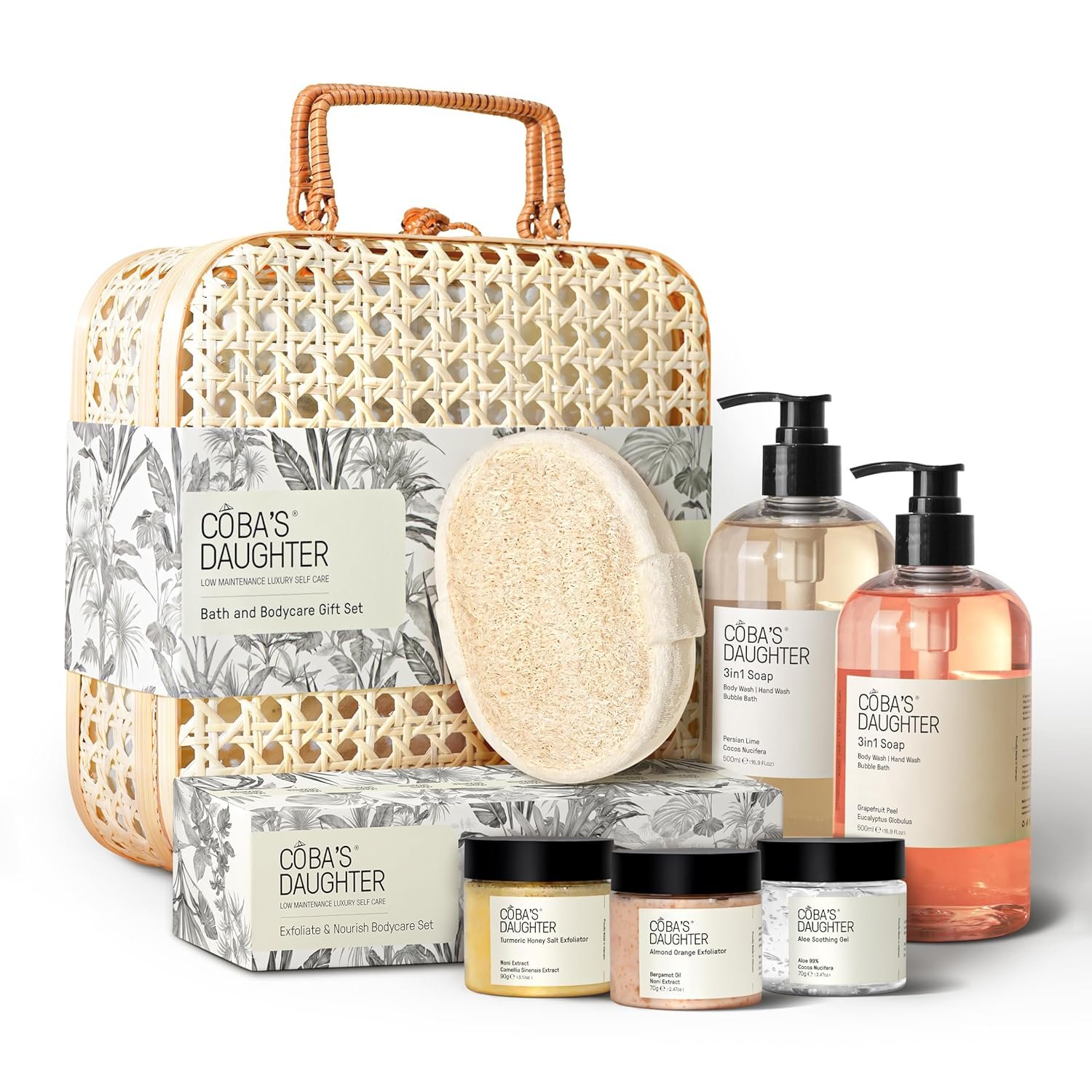 COBA’S DAUGHTER Luxury Spa Gift Set – 7-Piece Bath & Body Set with Rattan Case, Body Wash, Bubble Bath & Scrub – Premium Holiday, Birthday, Mother’s Day, Housewarming, Bridal Shower & Self-Care Gift