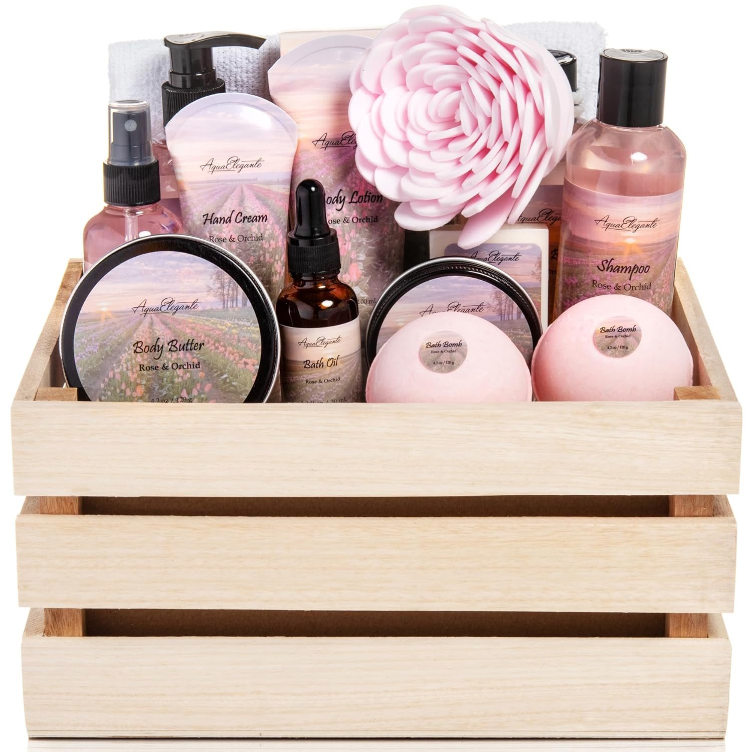Aqua Elegante Full Spa Gift Set – 15 Piece Premium Bath Basket with Wash, Bubbles, Lotion, Salts, Body Scrub, Towel, Shower Puff, Bathbombs, Reusable Basket, Gifts for Women – Rose Oil & Orchid