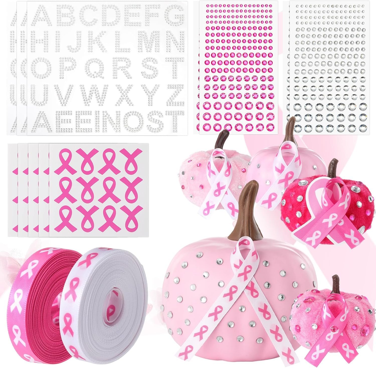 AceOrbit 14pcs Breast Cancer Awareness Accessories DIY Pumpkin Craft Set 5 Pink Breast Cancer Stickers 2 Pink Ribbon 3 Rhinestone Letter 4 Rhinestones Gems Stickers