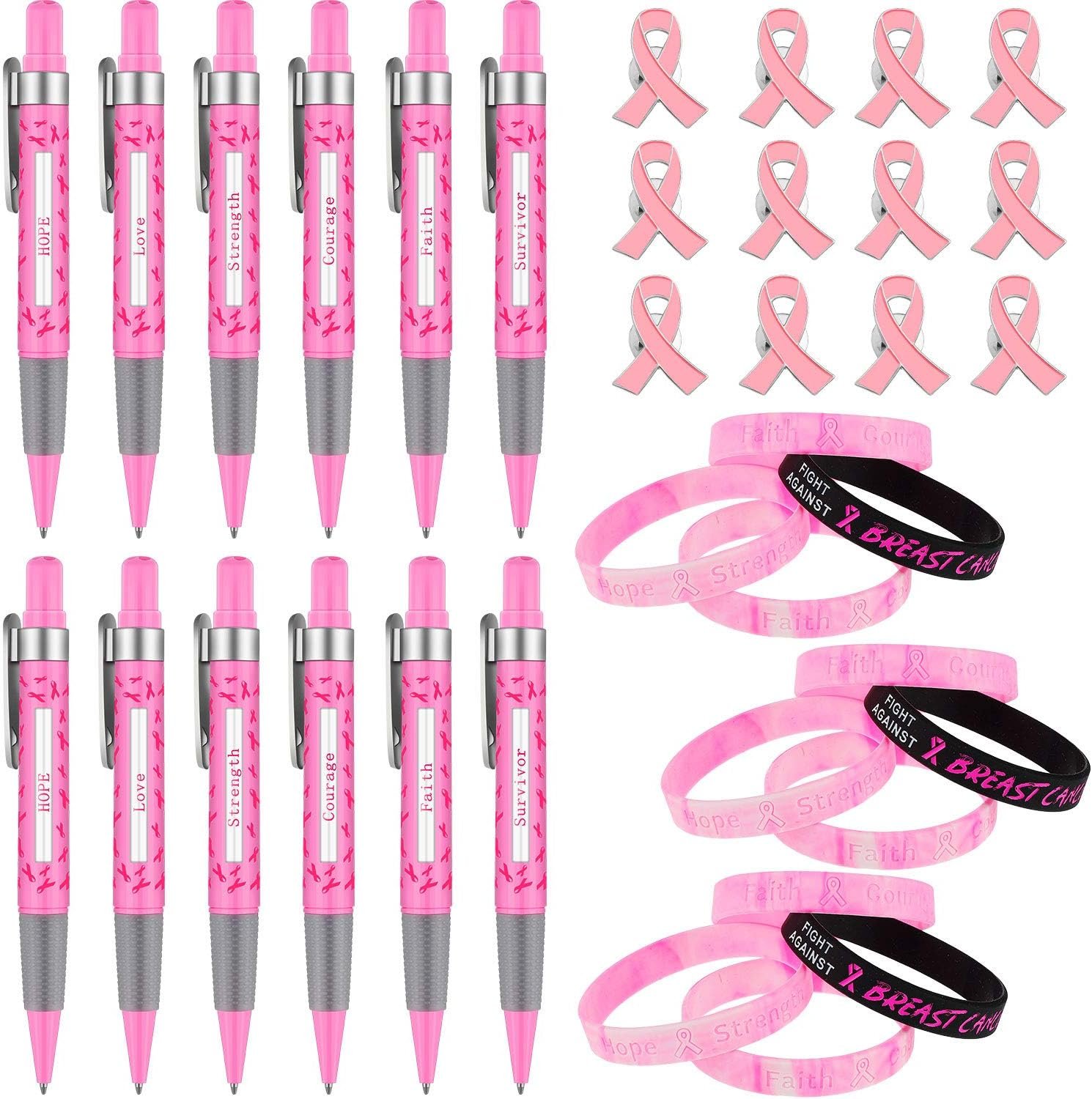 WILLBOND 36 Pcs Pink Ribbon Breast Cancer Awareness Gifts Set Include Pink Ribbon Pens Silicone Bracelets Pins for Breast Cancer Charity Event Survivor Campaign Party Supplies