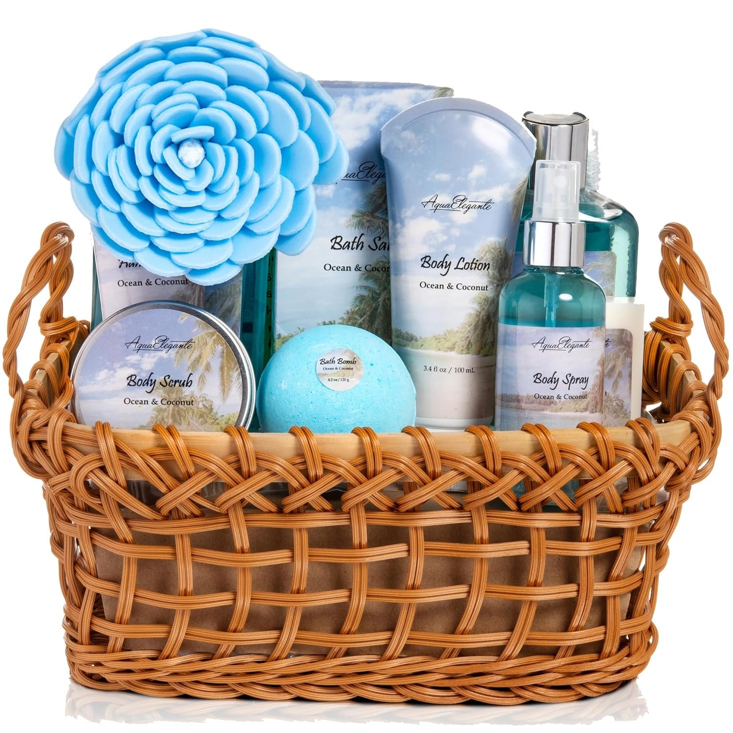 Aqua Elegante Spa Basket For Women – Deluxe Bath Set with Wash, Bubble Bath, Lotion, Salts, Body Scrub, Towel, Shower Puff, Bathbombs, Reusable Basket, Gifts for Mom, Wife, Her – Ocean & Coconut