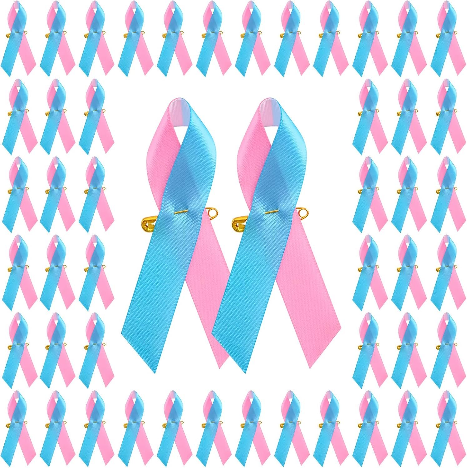 Blue & Pink Ribbon, 100Pcs Defects Awareness Satin Pins with Safety Pins Male Breast Cancer Awareness Ribbon Brooch for Party Event Supplies