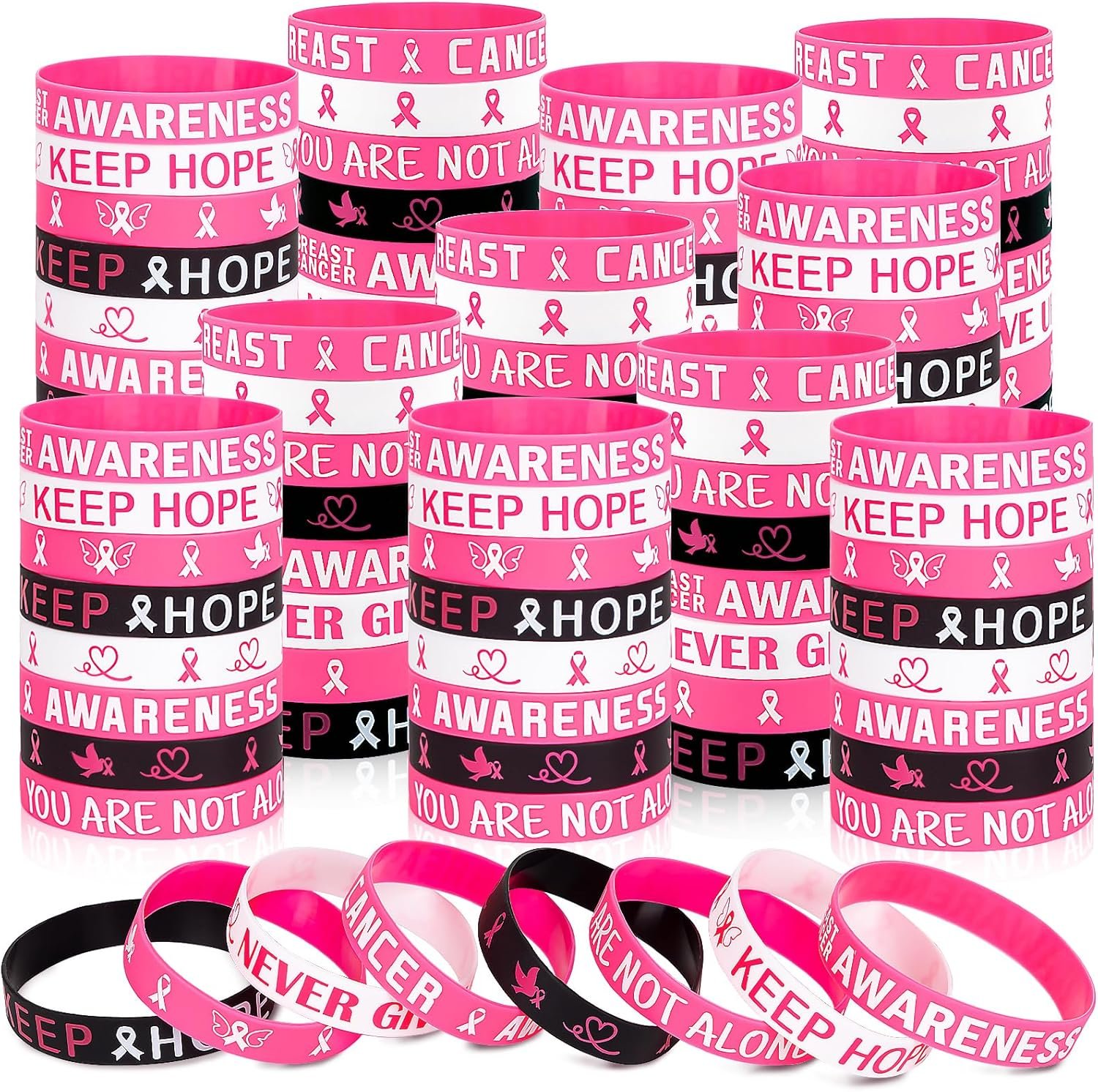 Moon Boat 144PCS Breast Cancer Awareness Bracelets Bulk – Pink Ribbons Hope Faith Strength Courage Stretch Wristbands for Women Christmas Gifts Party Supplies