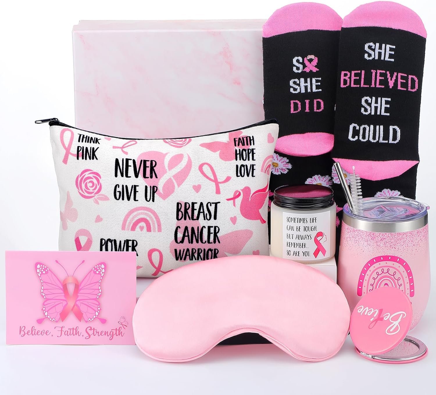 Patelai 8 Pcs Breast Cancer Survivor Gifts Set for Women, 12 oz Stainless Steel Insulated Tumblers Scented Candle Novelty Socks Eye Mask Makeup Bag Mirror Get Well Soon Basket for Survivor Patients
