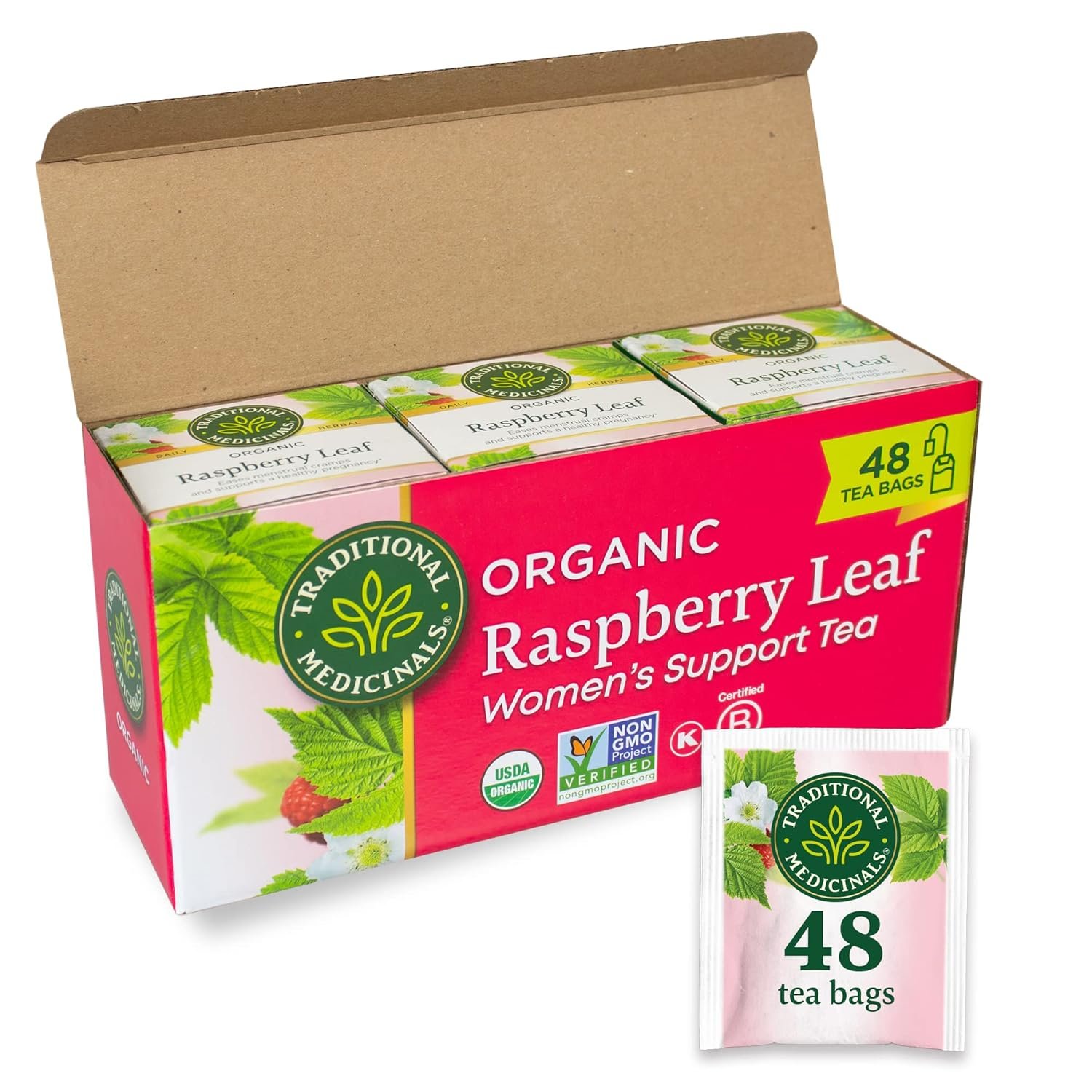 Traditional Medicinals Tea, Organic Raspberry Leaf, Eases Menstrual Cramps, Supports a Healthy Pregnancy, 48 Tea Bags (3 Pack)
