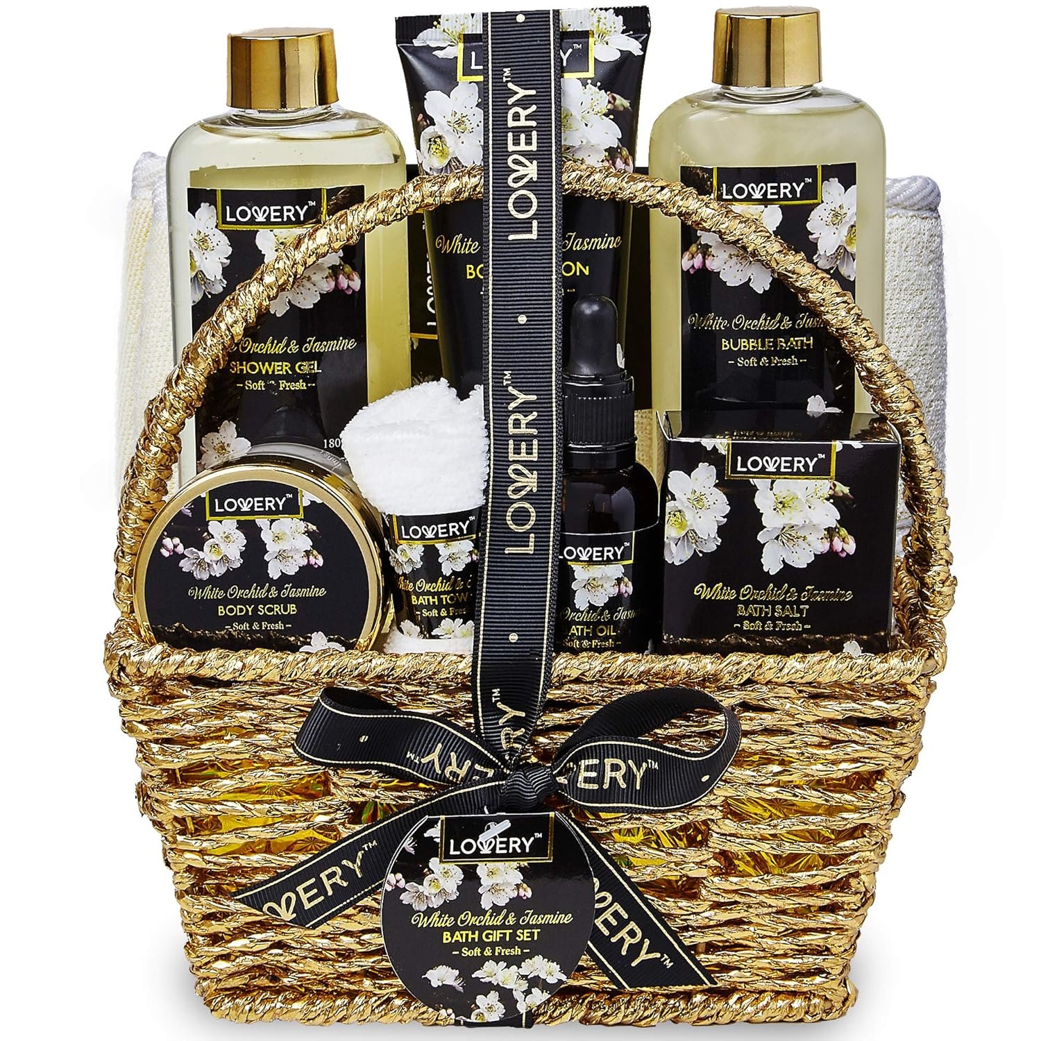 Mothers Day Gift Basket for Mom, Bath and Body Gift Basket for Women and Men – Orchid & Jasmine Home Spa Set With Body Scrubs, Lotions, Oils, Gels and More – Care Package for Women & Men – 9 Piece Set