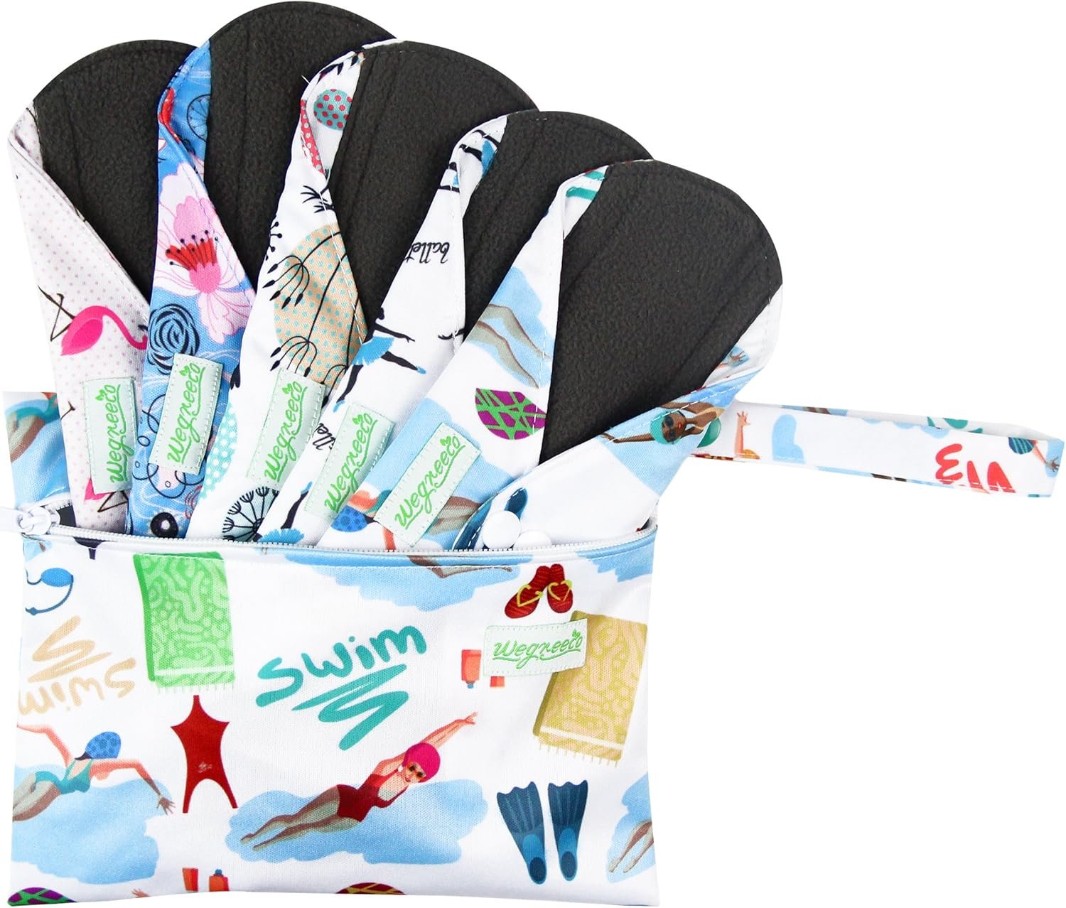 Wegreeco Reusable Menstrual Pads for Women – Soft Cloth Sanitary Pads | Panty Liners – 5 Pack, 1 Cloth Wet Bag (Medium, Dynamic)